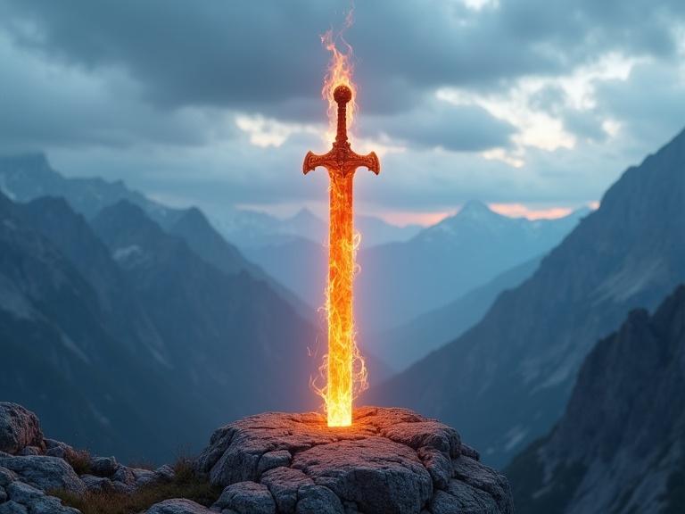 Flat long sword looks like fire glass. Sword sticks out of rocky mountainous ground. Handle of sword is on top. Flames engulf the handle. Ground below sword is illuminated. Detailed mountains are in the background. Blue and gray clouds cover the sky.