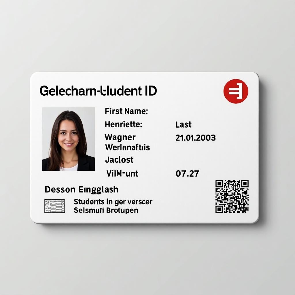 Generate a German student ID card featuring personal information such as name, date of birth, and validity details. Use a modern design.