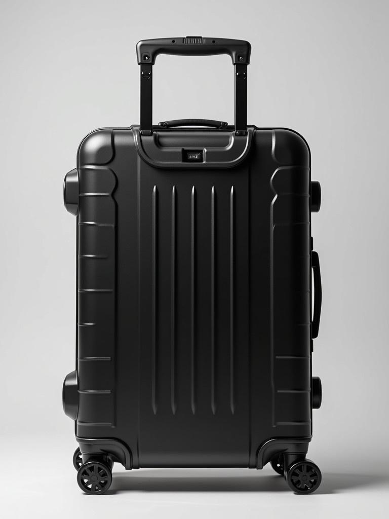 Modern black color combat type hard plastic suitcase with combat handle.