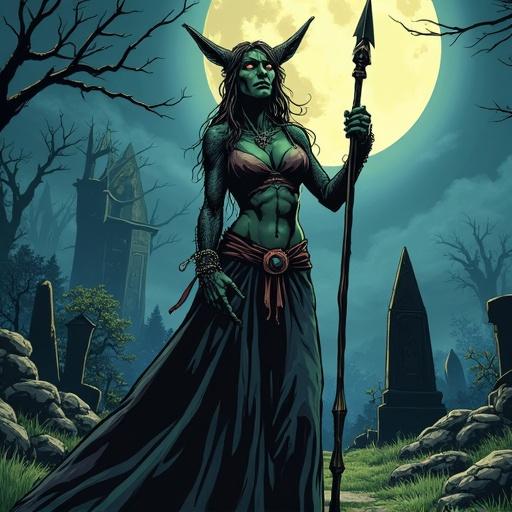 Hand-drawn, comic book style, goblin figure with spear, focusing on female features, full moon lighting, dark graveyard with obelisk, emphasizing dramatic shadows, cel shaded technique, realistic proportions, vibrant colors, cinematic feel