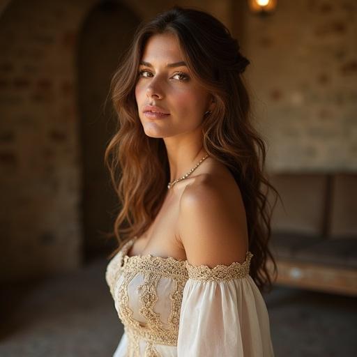 A 25-year-old woman wearing a modest medieval nightgown stands in a rustic stone cottage. She has a curvy figure and a large bust with a slim waist. Her brown eyes are almond-shaped and she has a gentle smile. Her skin is smooth and has a subtle matte glow. The cottage is softly illuminated, enhancing the cozy ambiance, and she displays a relaxed posture that conveys calm confidence.