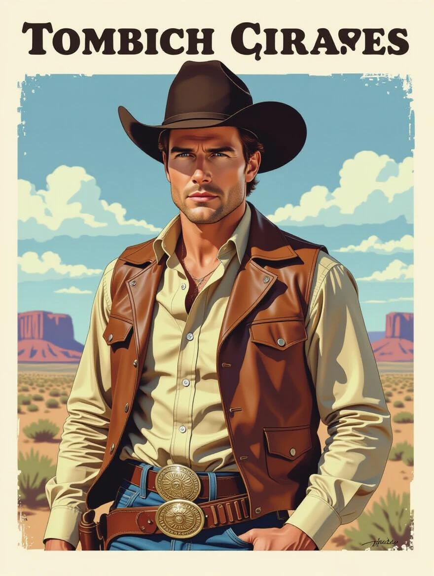 Portrait in a Western style. Cowboy clothing with a vest and hat. Set in a desert landscape with mountains. Classic movie poster design. Energetic stance and bold character.