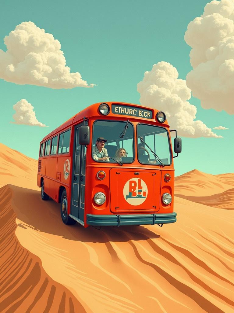 A vintage bus travels through abstract sand dunes. Bright orange bus stands out against the beige dunes. The sky is a soft turquoise with fluffy clouds. Abstract art style is applied throughout.