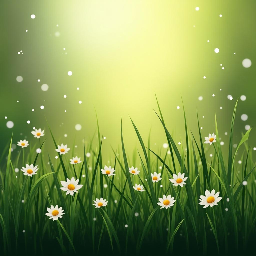 Long grass with little flowers scattered around in a softly glowing background