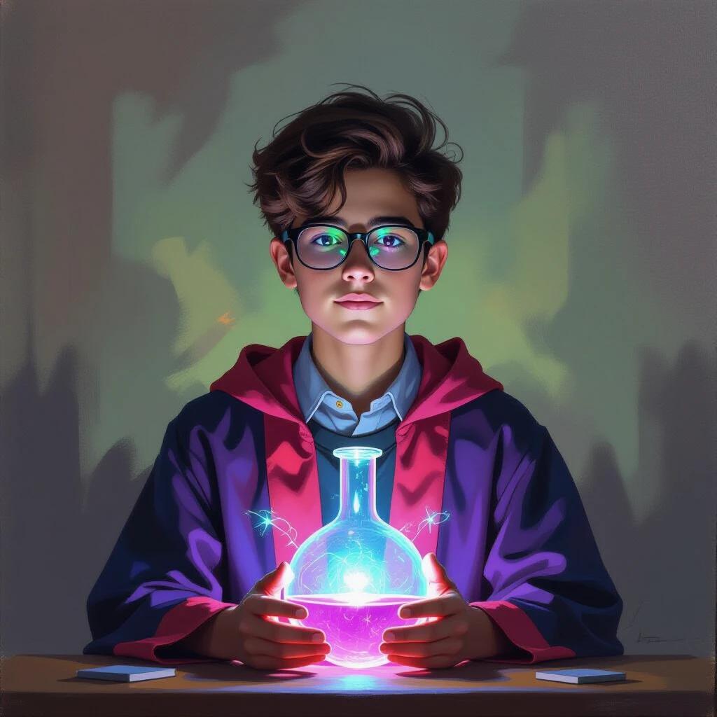 Oil painting of a young scientist wearing a neon wizard robe holding a glowing potion in a lab setting.
