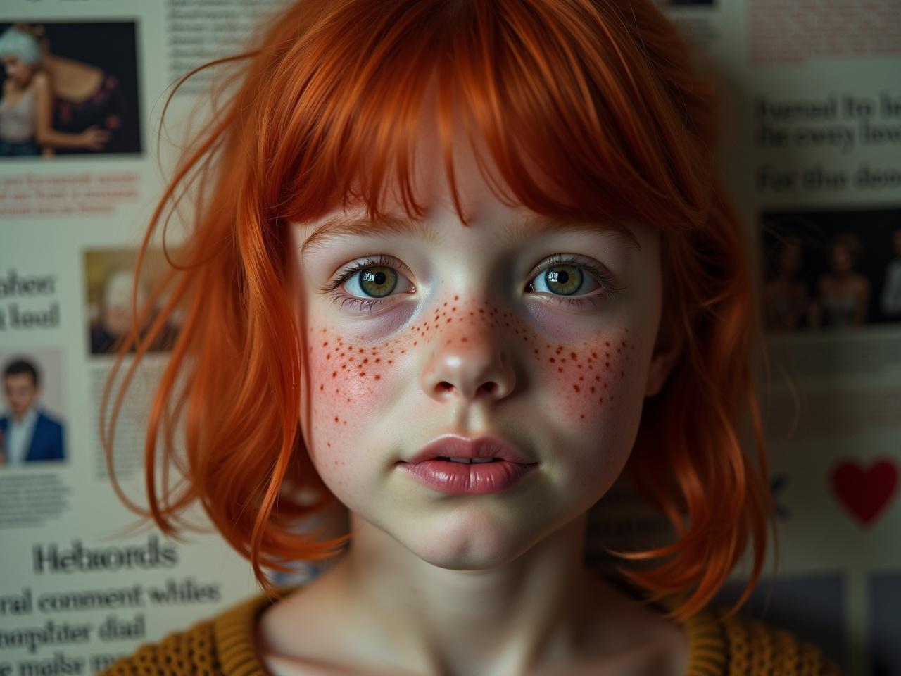 A close-up of a girl with striking red hair and freckles. She has expressive green eyes and a soft expression. The background features blurred text and images, adding an artistic touch. The lighting is gentle, highlighting her features beautifully. The overall composition captures the charm and innocence of childhood, making it visually captivating.