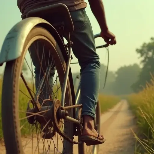Image features an old Atlas bicycle with close focus on the vintage wheels. Scene shows an Indian postman riding the bicycle along a scenic path between fields. Cinematic aesthetics emulate a retro Wes Anderson film. Shot captures the essence of vintage storytelling with a photorealistic approach. Masterful side view highlights the character's connection to the bicycle and environment.