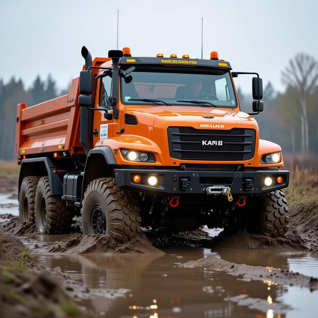 A Kamaz truck driving through muddy terrain. The truck is vivid orange and equipped to handle rough conditions. The background features trees and an overcast sky. The truck's large tires and strong build are evident in the image.