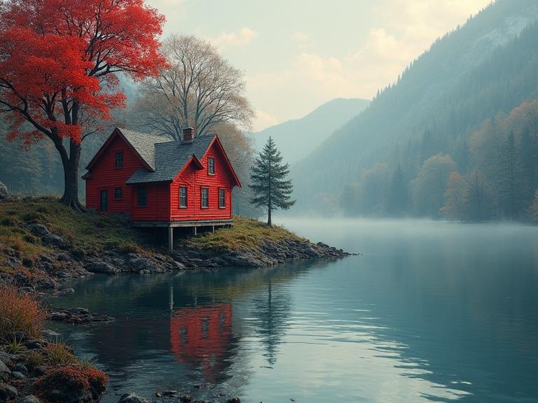 A vibrant red wooden house rests on stilts near a tranquil body of water. Trees with autumn foliage surround the area. Mist gently blankets the lake, reflecting the house and mountains in the background.