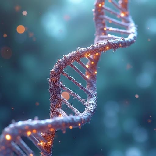 3D visualization of DNA structure in high resolution. Features hyperrealistic details. Mixed media style. Background is transparent.
