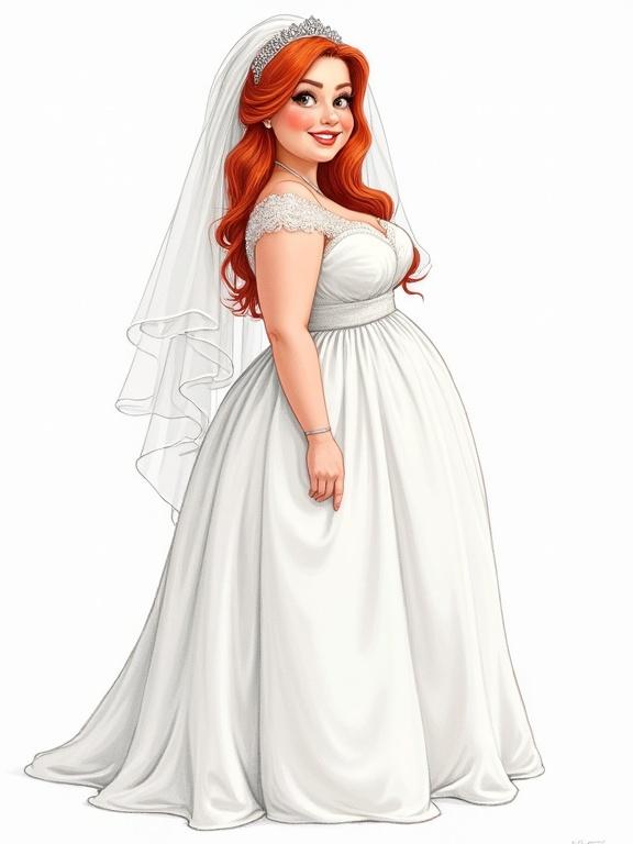 A pencil illustration of a 20 years old woman with red hair. She wears a white wedding dress and poses playfully from the side. The character has a round face and is smiling happily.