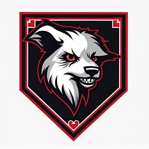 Design an emblem representing a baseball tournament. Emblem features a wolf head on a black background. Style is bold and modern. Include red accents and a shield shape.