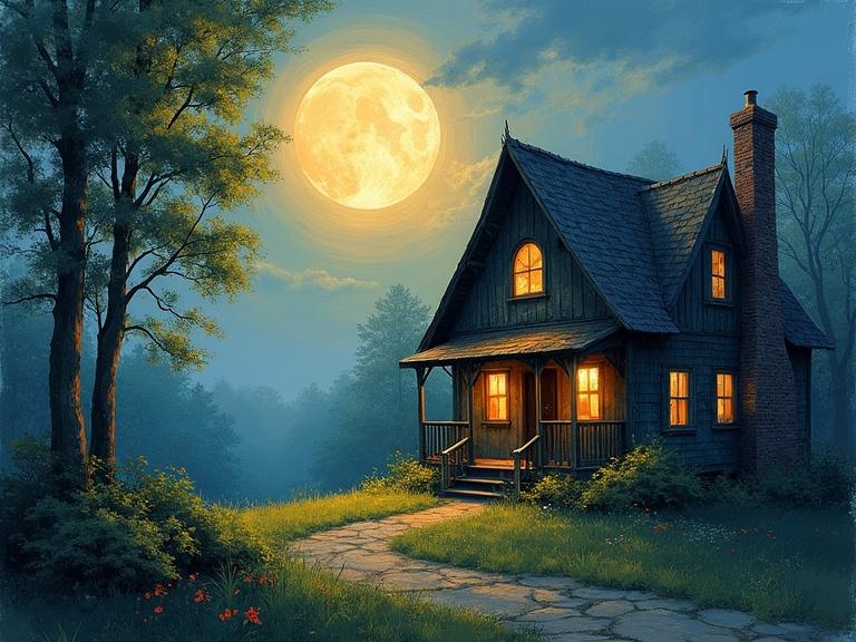 Wooden cottage glowing under a large full moon. Post-impressionist romantic landscape. Watercolor mist with oil-like brushstrokes on foliage.