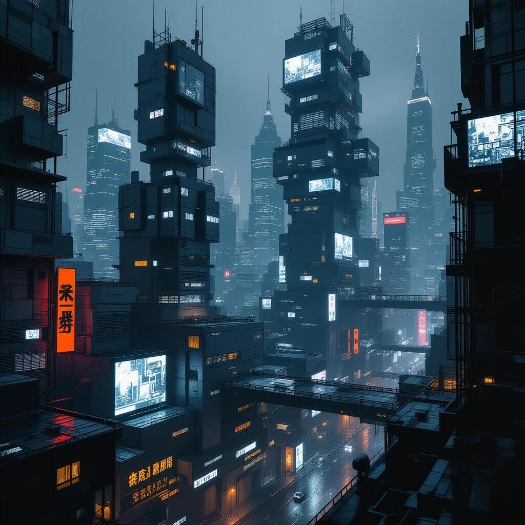 Dystopian cityscape at night. Buildings made of grey cardboard and wood. Brutalist structures with geometric designs. Skyscrapers with silver windows. Illuminated with neon lights.