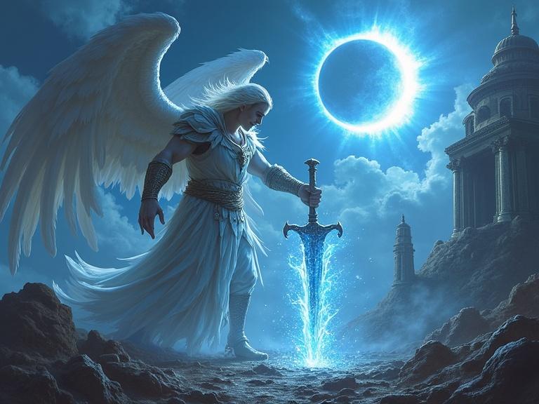 Scene of celestial battle between angels and demons. A powerful angel holds a sword engulfed in blue fire. The angel stands among ruins with a colossal figure in the background. An eclipse provides a dramatic backdrop.