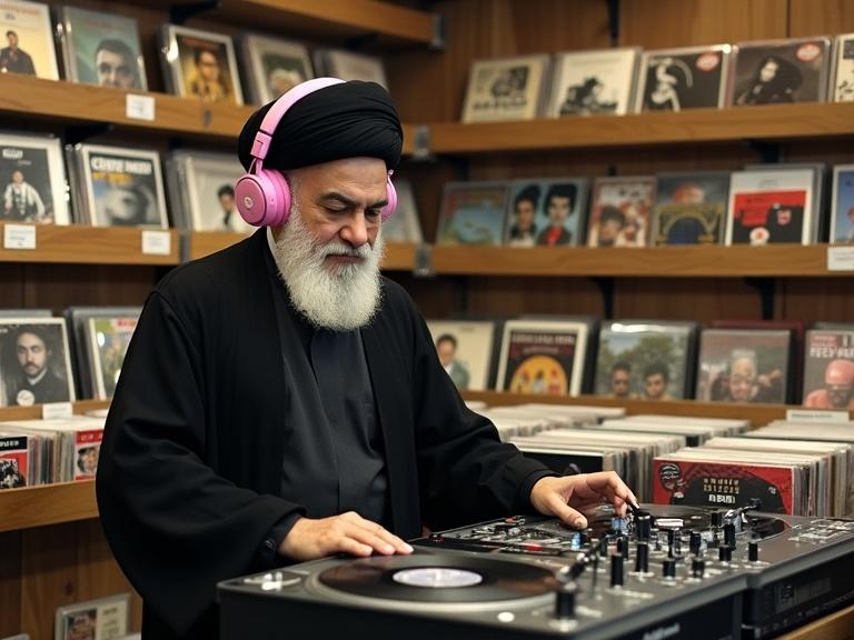 Ayatollah Khomeini playing vinyl records on DJ turntables in a record store. Wearing pink headphones. Standing in front of vinyl records on display.