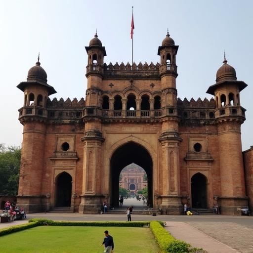 Shaniwar Wada is a historical fortification located in Pune. The image showcases its grand entrance gate, featuring intricate architectural details. People are seen around the entrance, emphasizing its popularity as a tourist destination. Lush green grass surrounds the area, adding to the visual appeal.