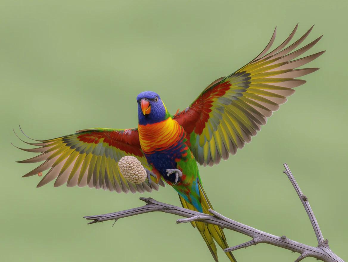 A vibrant parrot perches on a slender branch. The parrot displays its bright colors and outstretched wings. One of the wings is extended outward holding bird food. The background features a soft green blur emphasizing the parrot.