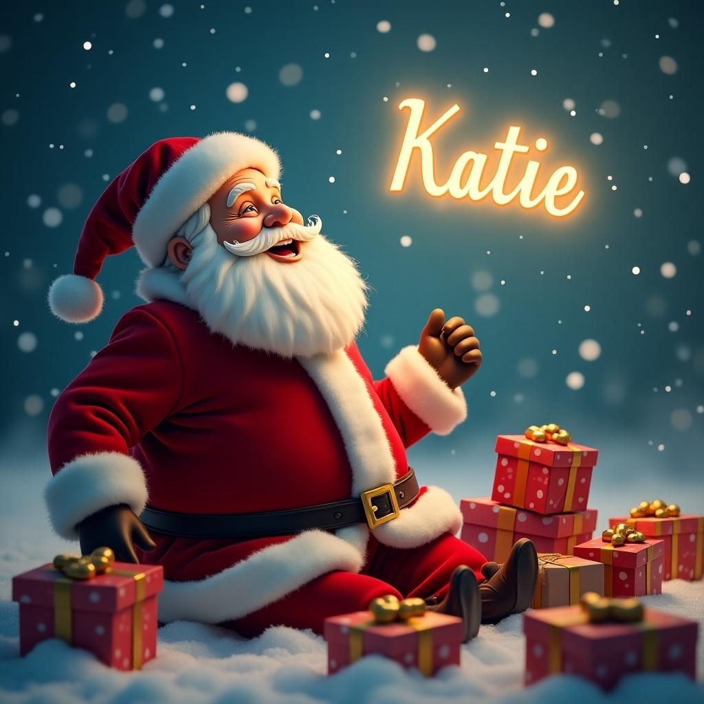 Festive scene with Santa Claus joyfully preparing for Christmas. Santa looks to the sky the name Katie is glowing. Brightly wrapped presents surround Santa. Soft background with gentle snowfall.