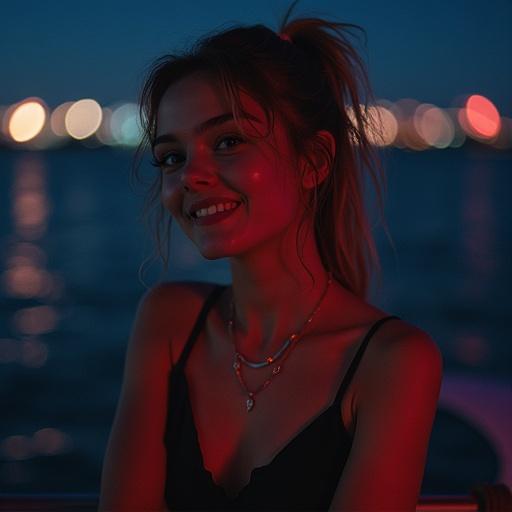 A girl smiling at night near water with city lights in the background.