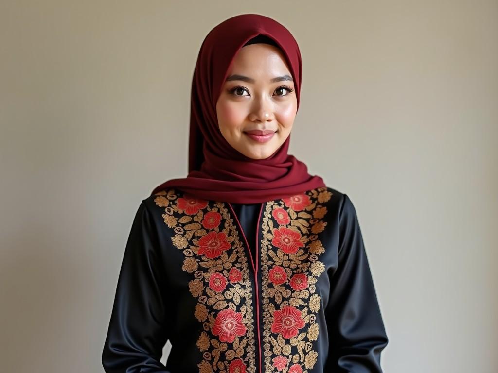 A woman is posed wearing traditional Malay attire, showcasing her elegance and cultural heritage. She is donned in a Baju Kurung, which features intricate floral patterns in vibrant shades of red and elegant gold against a black background. Her hijab complements this beautifully, adding to her grace. The backdrop is neutral, ensuring the focus remains on her attire and expression. This outfit reflects the essence of Malay tradition and modern fashion sensibilities.