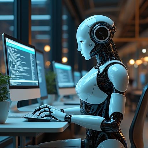 Futuristic AI bot with female features multitasking at a high-tech workspace. Multiple computer screens display various tasks. Seamless blend between technology and humanoid design.