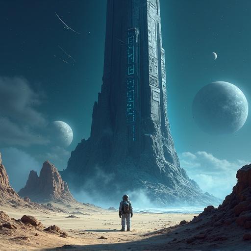 A lone astronaut stands on a desolate, windswept planet. The astronaut gazes up at a colossal, ancient alien structure that pierces the sky. The structure is crafted from a dark, obsidian-like material, etched with glowing glyphs that pulse with energy. Dust devils swirl around the feet. Twin moons cast long shadows across the barren landscape. The scene shows influences from H.R. Giger, Moebius, and Zdzisław Beksiński. The color palette includes deep blues, purples, blacks, and bursts of bioluminescence.