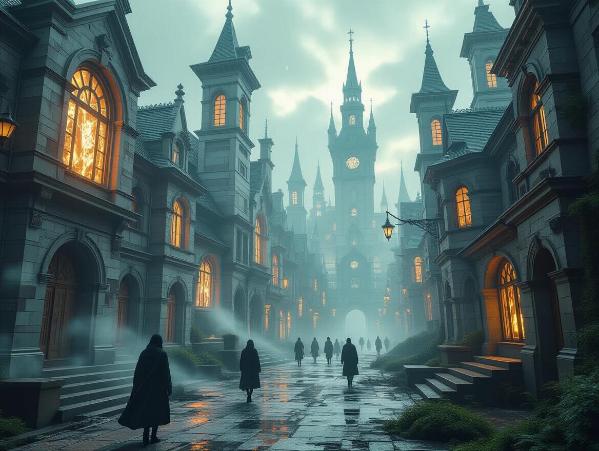 Dreamy and surreal landscape featuring a futuristic city. Structures appear impossible with ethereal qualities. Nighttime setting under a cloudy sky. People dressed in dark clothing wander through fog-filled streets. Tall towers loom in the background with glowing windows. Dark and atmospheric tones create a sense of mystery and despair.