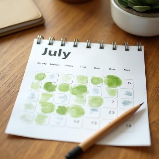 Close-up shot from above of a square paper on a table featuring a July calendar. Green circles drawn on some dates. Color scheme includes brown and white for warmth.