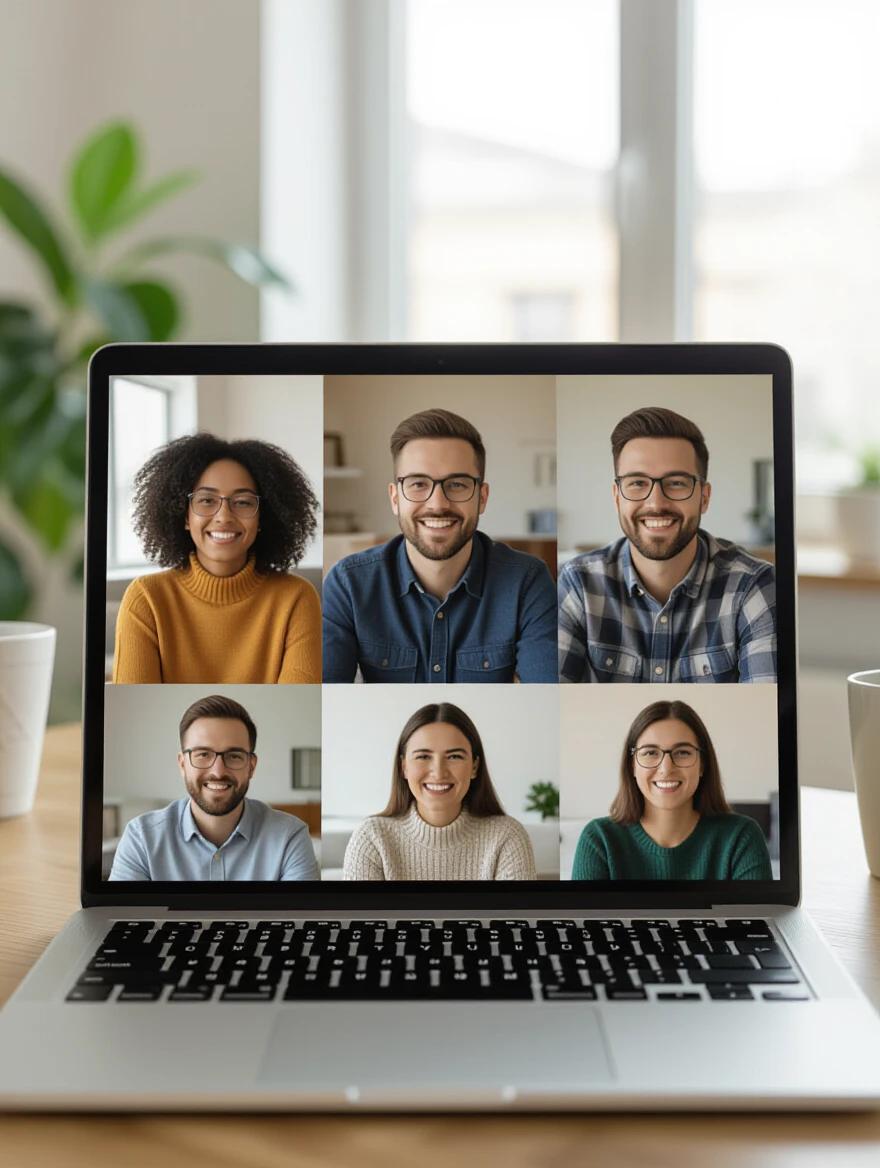 Group video call displayed on a laptop screen shows friendly diverse faces in a supportive meeting. Natural lighting in a home office creates a warm atmosphere. Photorealistic visual captures a sense of community and professionalism.