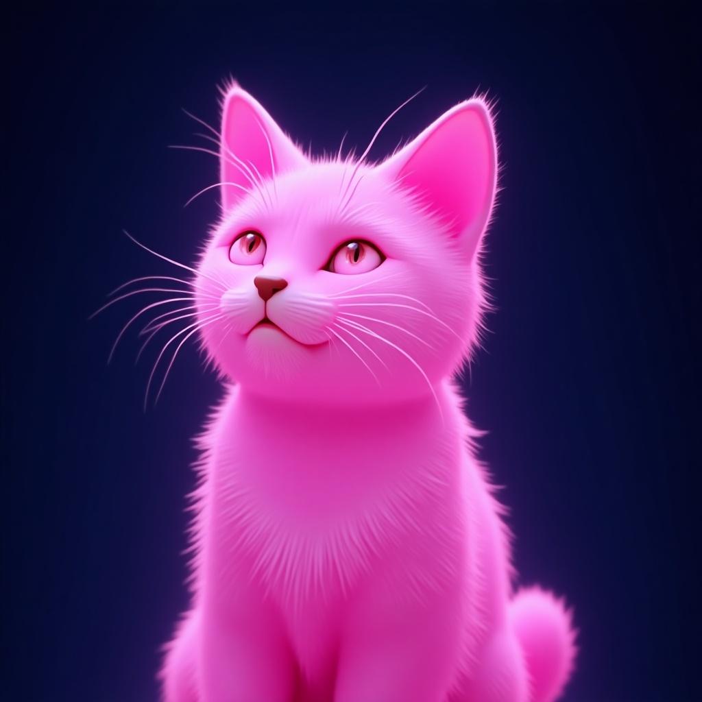 A pink cat glowing against a deep blue background.