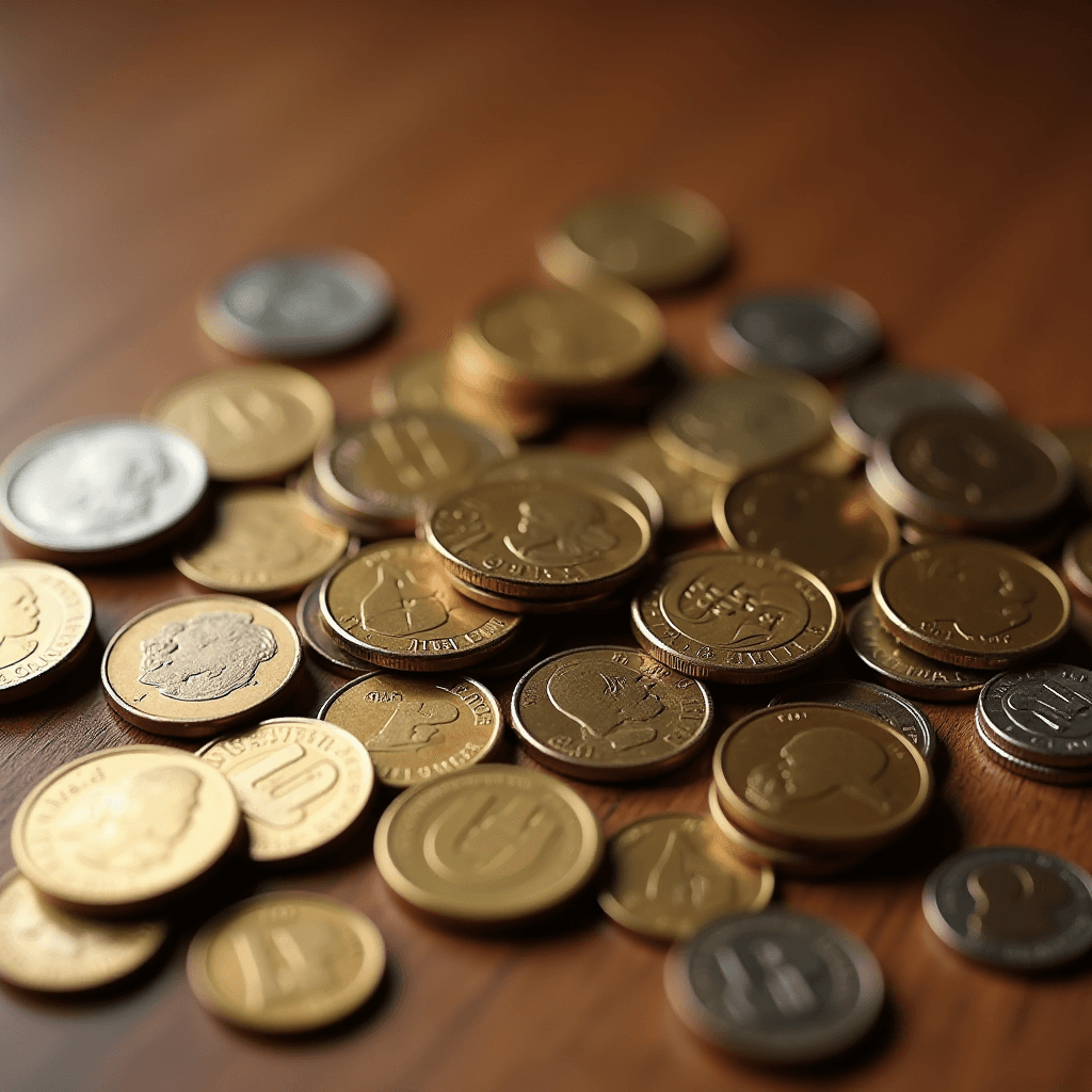 A pile of assorted gold and silver coins are spread out on a wooden table.