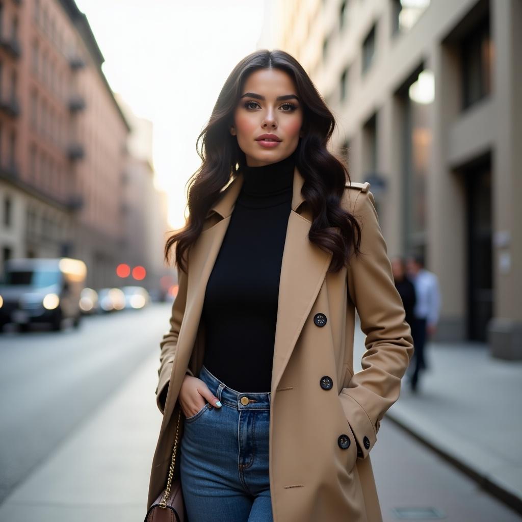 Young female influencer with hazel eyes and long dark hair. Wearing a beige trench coat and black turtleneck. Posing on an urban street with a designer handbag. Soft sunlight in the background enhances the cityscape.