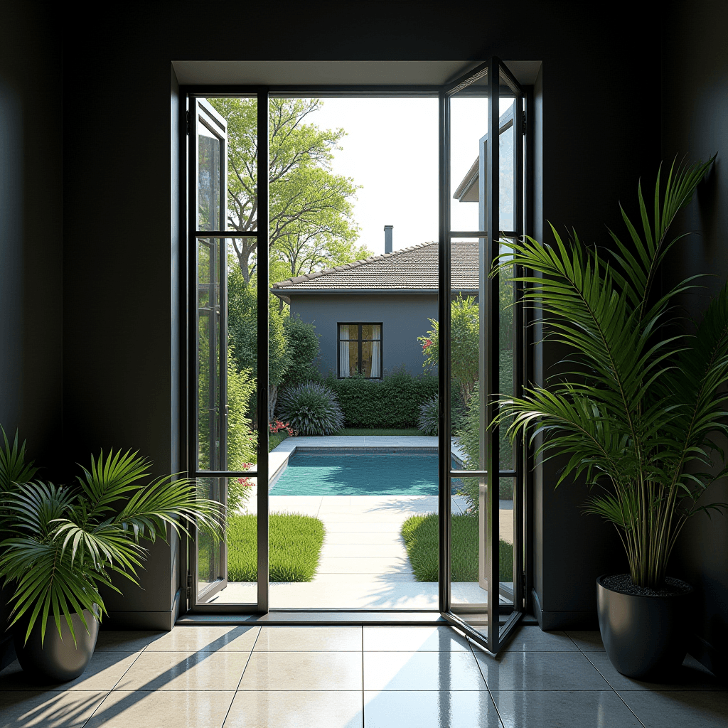 An open doorway reveals a lush garden with a swimming pool and modern house, framed by potted plants inside.