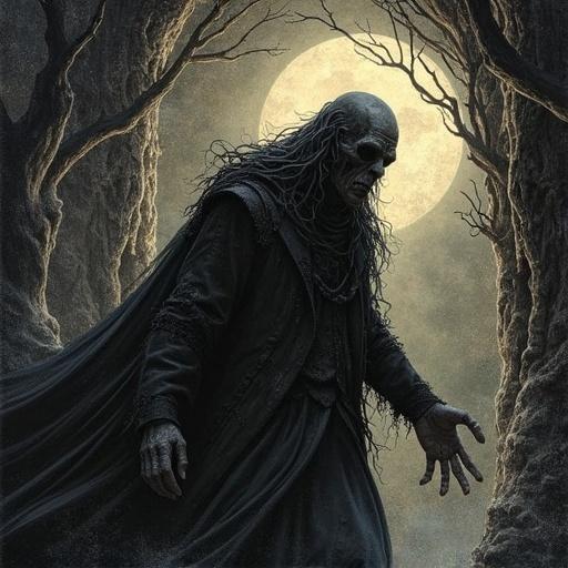 Illustration combines William Morris art style with H.P. Lovecraft themes. A dark, skeletal figure in eerie moonlight stands amidst twisted branches and shadows. Gothic elements are prominent throughout the scene.