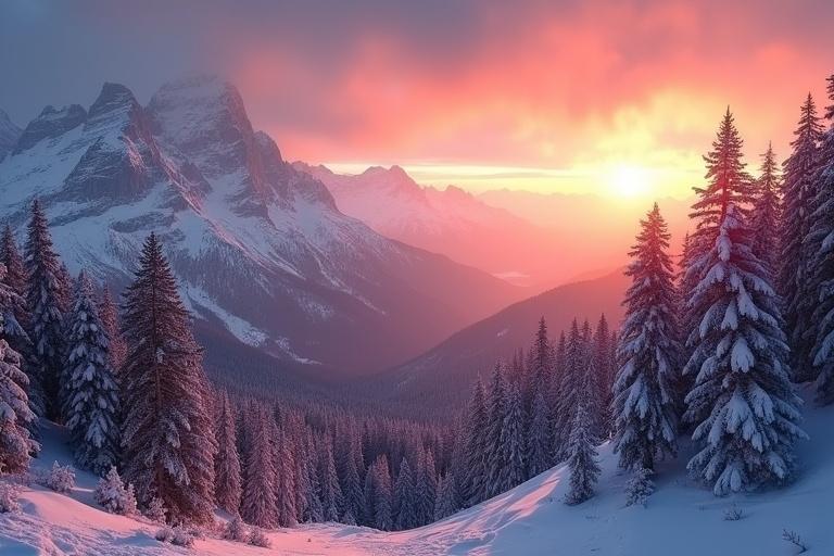 A breathtaking sunrise illuminates wild high mountains covered in winter snow. Pines surround the landscape. Warm colors reflect on the icy peaks. A serene atmosphere prevails.