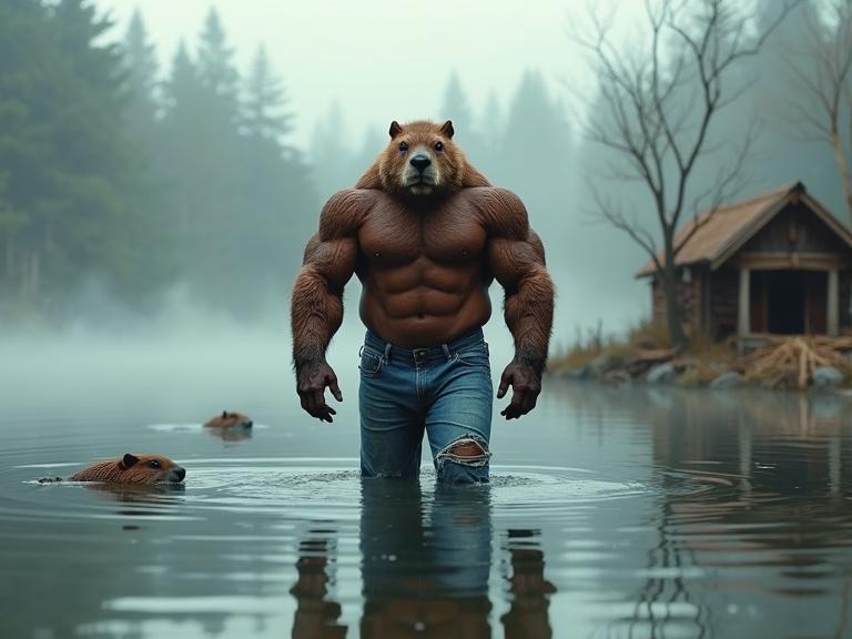 Muscular humanoid beaver emerges from lake wearing tattered blue jeans. Upper body well-defined covered in fur showcasing powerful arms. Beaver swims nearby with detailed lodge in foreground. Tranquil forest in background with mist above water evokes mystery and playfulness.