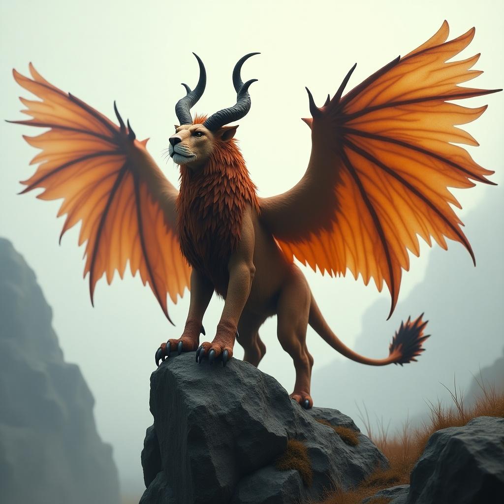 Fearsome horned creature with vibrant orange wings standing on jagged rocks in a misty landscape. Highly detailed and realistic griffon with lion body and eagle head. Background is neutral and softly lit for emphasis.