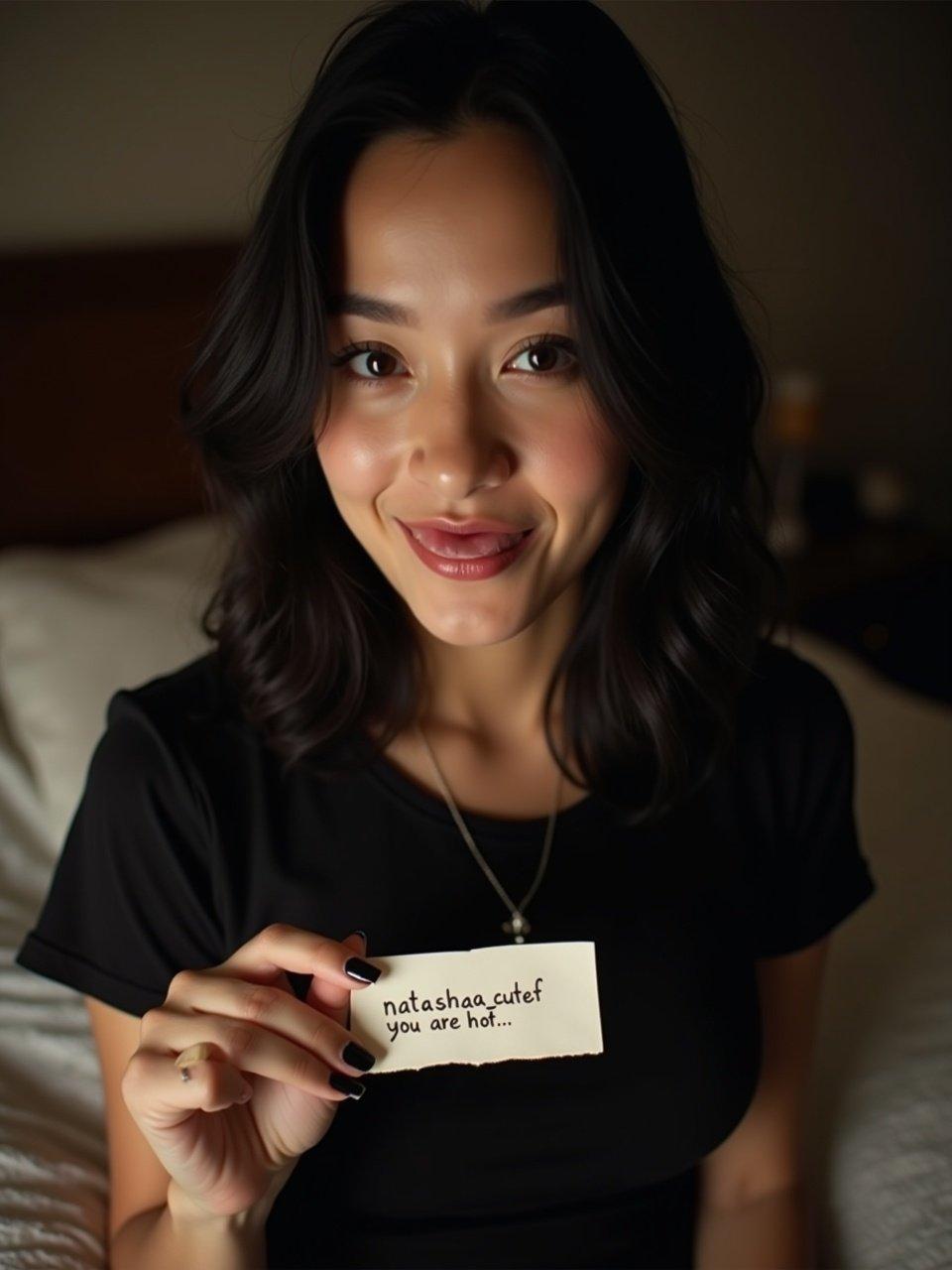 Young woman with black hair sitting in bedroom. Wearing black t-shirt and holding a piece of paper that says 'natashaa_cutef you are hot...' She has polished black nails and is smiling playfully. Soft light from lamp creates inviting atmosphere. Captures a moment of personal charm and allure.