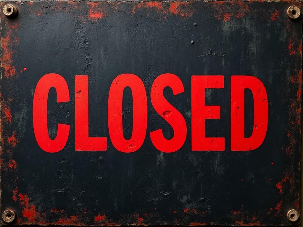 Create a sign that shows the word "CLOSED" in bold red text. The background should remain dark and textured, similar to the original with an industrial look. Keep the overall design rough and slightly weathered. The sign should not have any arrows. Ensure that the texture gives it a vintage feel.