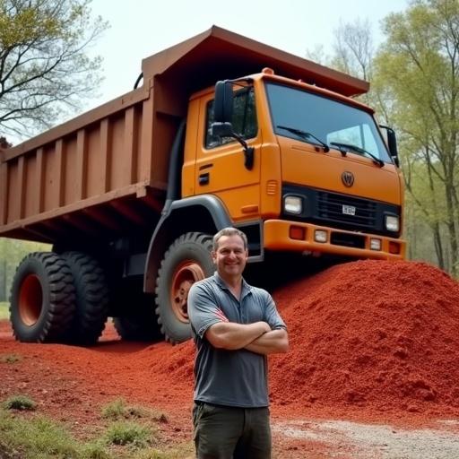 A massive dump truck tilting while red mulch pours out. A man stands in front with arms crossed and a slight smile. The background features trees and a partially buried porch.