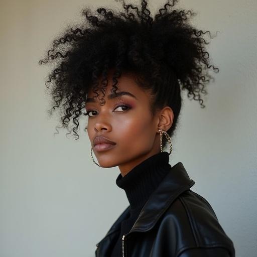 Young woman with alternative fashion style. African American woman with natural curly hair styled in an updo. Captured in natural light emphasizing modern streetwear fashion.