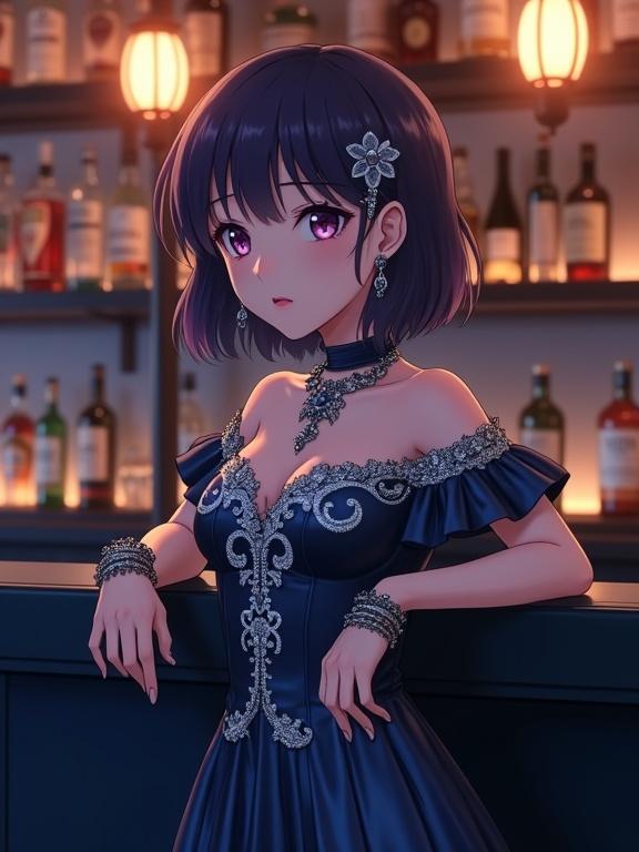 Cinematic anime rendering depicting a woman standing at a bar in an elegant dark blue gown. The gown features silver embellishments and is made of shimmering fabric. Scene is softly lit with warm tones. Emphasizes the dark bar counter and well-stocked shelves behind her. Head and face are blurred for anonymity. Focus on elegance and atmosphere.