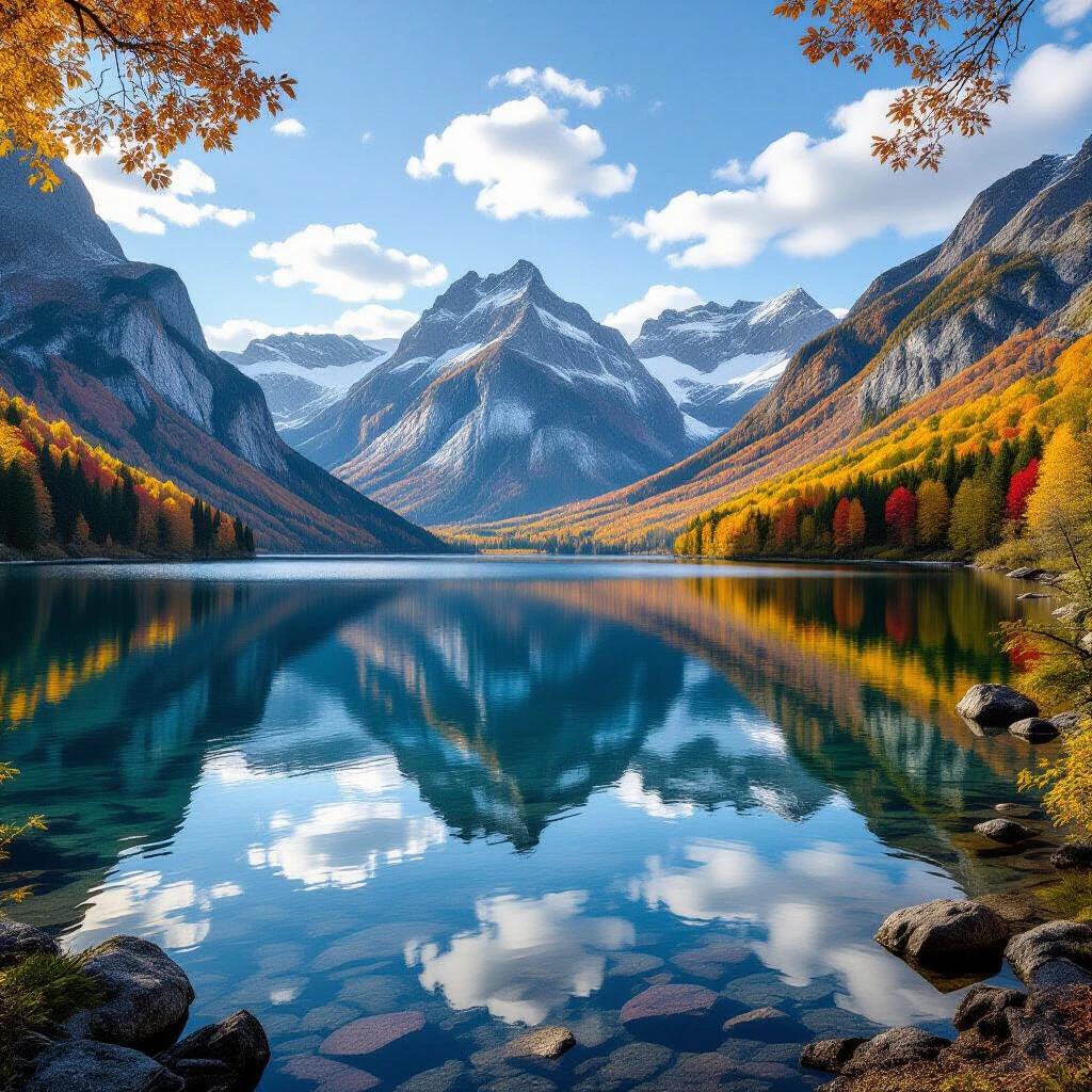 A lake reflects towering mountains. Autumn trees surround the water. Scene appears hyper-realistic. Bright blue sky and fluffy clouds contrast with colorful foliage.