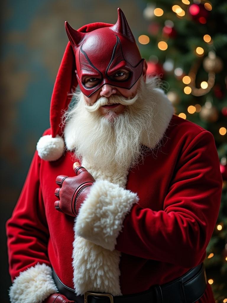 Daredevil dressed as Santa Claus wearing a red suit with a white trim.