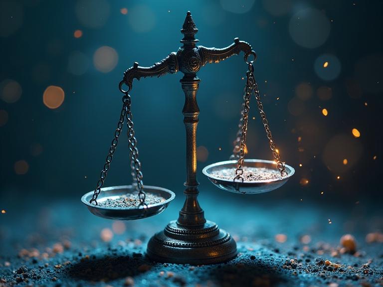 Scales symbolizing the balance between AI and algorithmic fairness against bias. The image shows a close-up view of ornate scales on a textured surface with glowing particles in the background.
