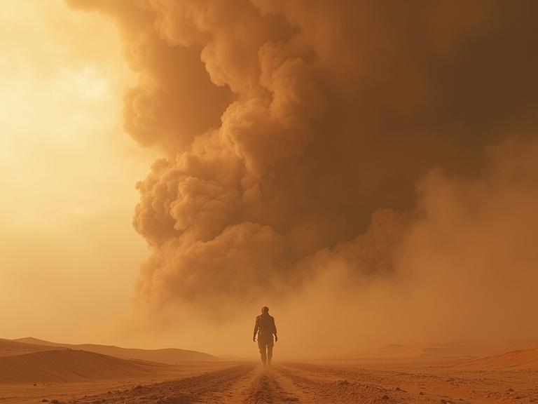 Giant sandstorm rising in the desert. Shadowy humanoid figure walks in the storm. Apocalyptic atmosphere with cinematic scale.