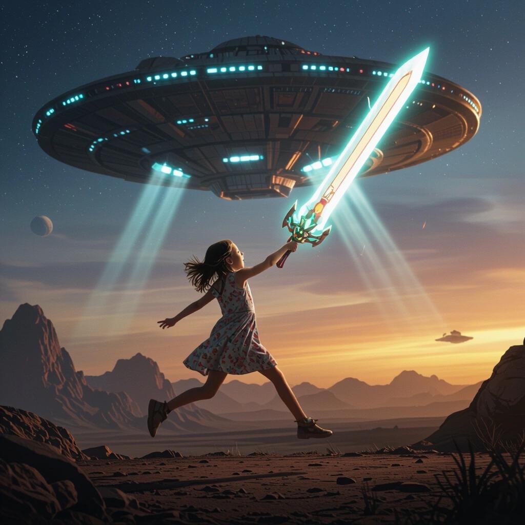 Young girl wears a dress. She jumps high in the air. She wields a giant energy sword. She faces a looming alien spacecraft.