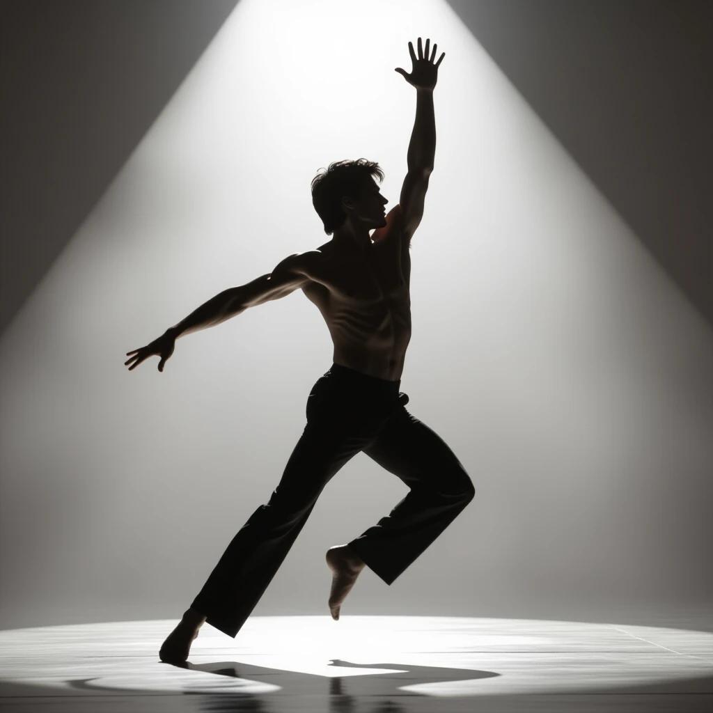 Silhouette of slim male figure dancing energetically with raised arm. The pose is dynamic with chest forward and one leg extended. High contrast against soft spotlight background.
