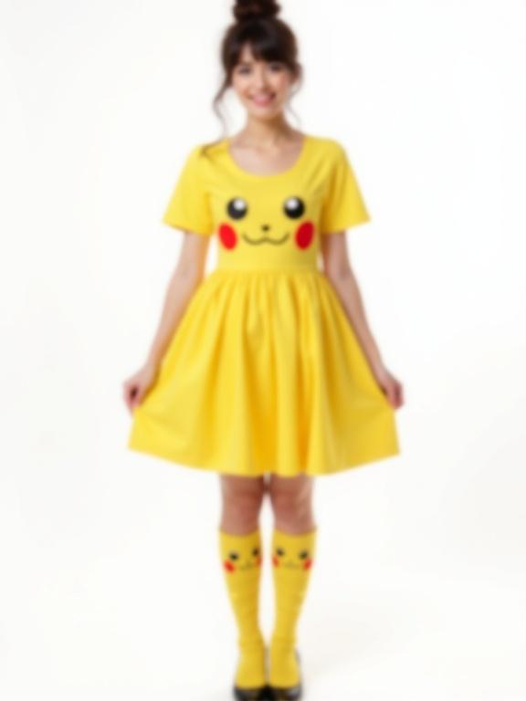 Photograph of a woman in a yellow dress and knee-high socks designed as Pikachu. Dress features Pikachu face, pleated skirt. Woman has dark brown hair in a high bun, smiling. She holds her skirt, wearing black high heels. Background is white, even lighting, symmetrical composition. Confident playful pose.